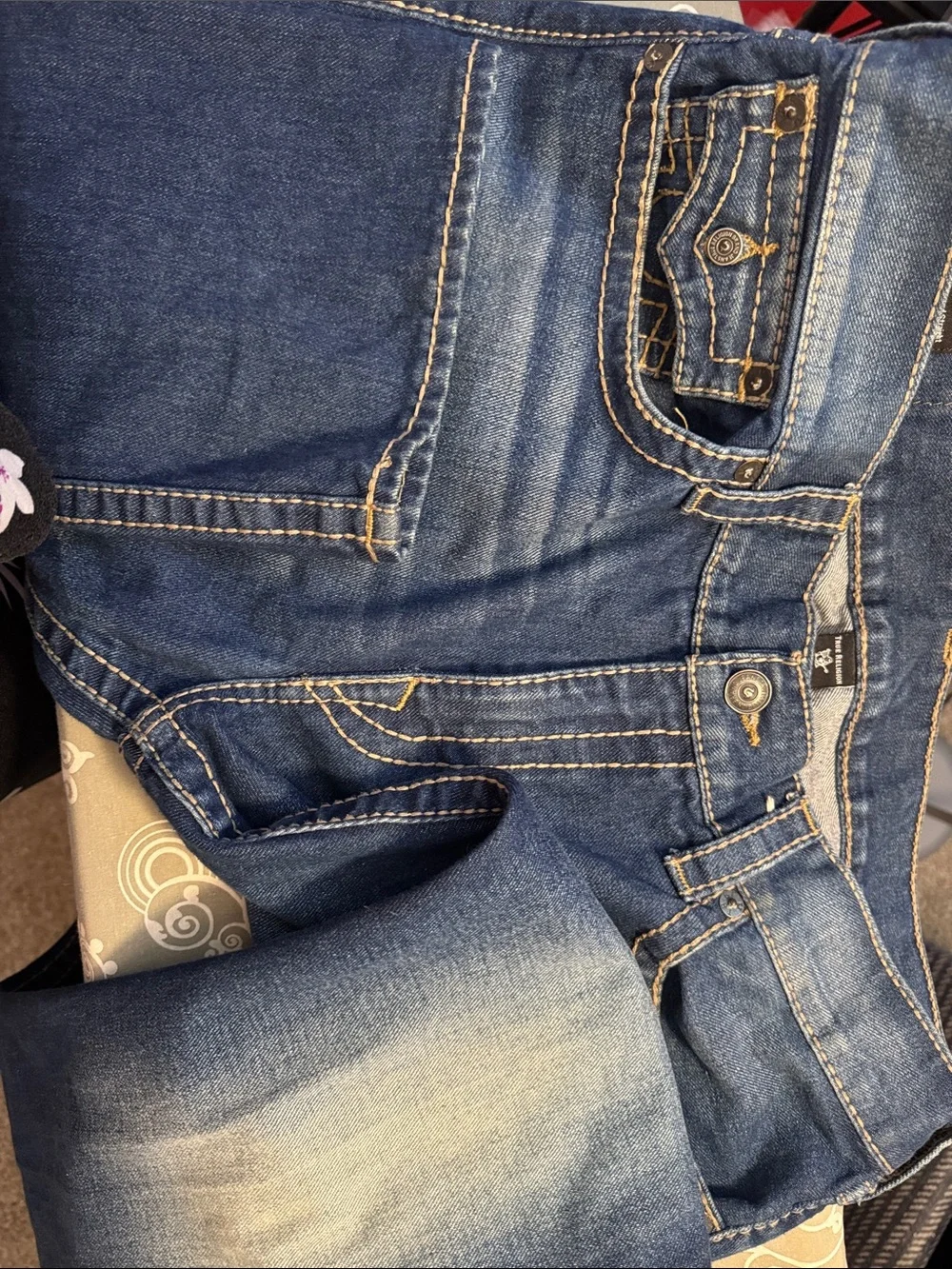True Religion Men's Blue Denim Jeans with Contrast Stitching